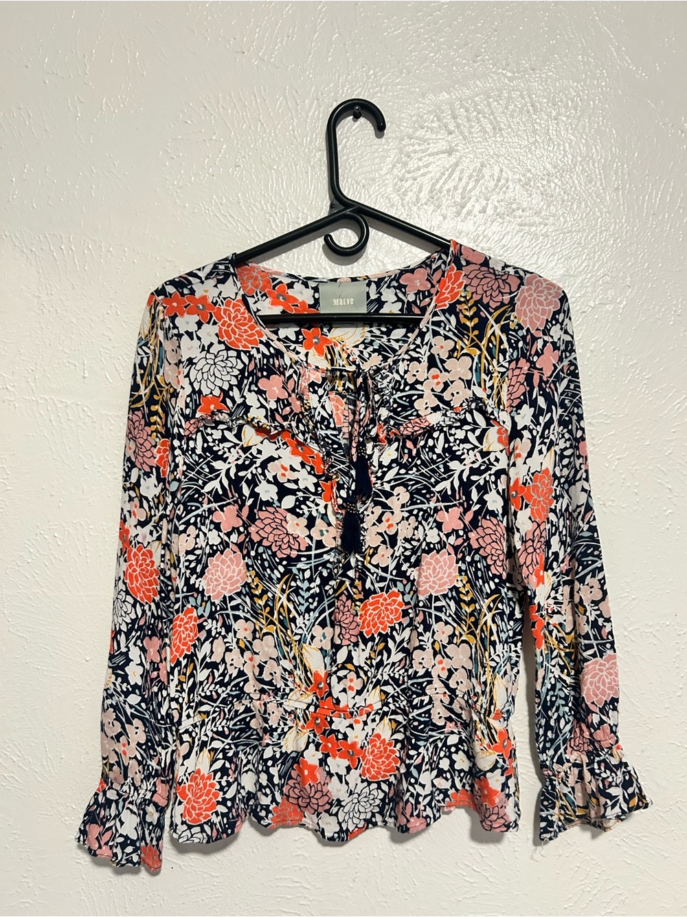 Anthropologie Navy Floral Tie-Front Blouse - Pink & Coral